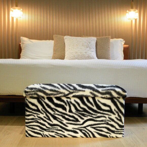 Go-Poufs Knock-Down Rectangular Faux Fur Storage Ottoman | Zebra Black/White - Picture 5 of 6